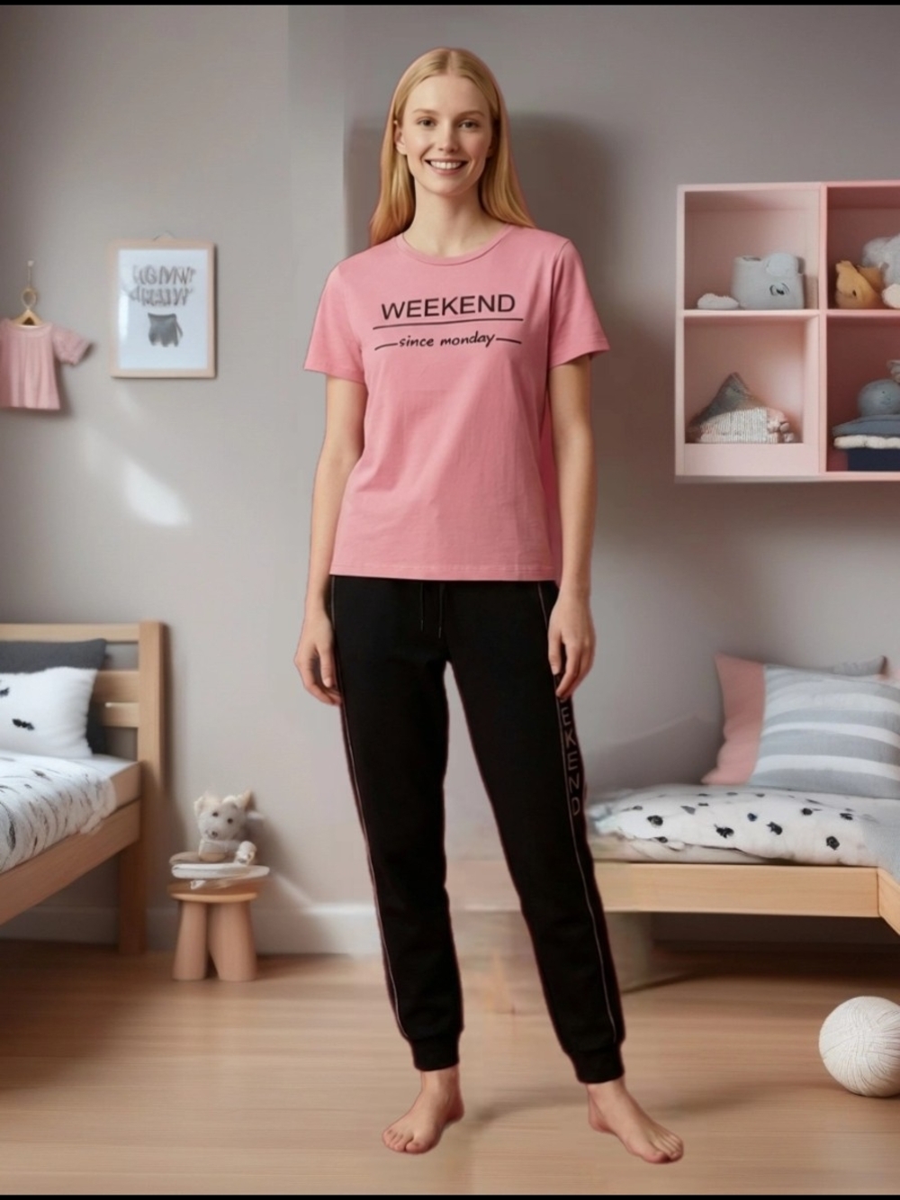 "Weekend - since monday" Coral Pink & Dark Blue Set